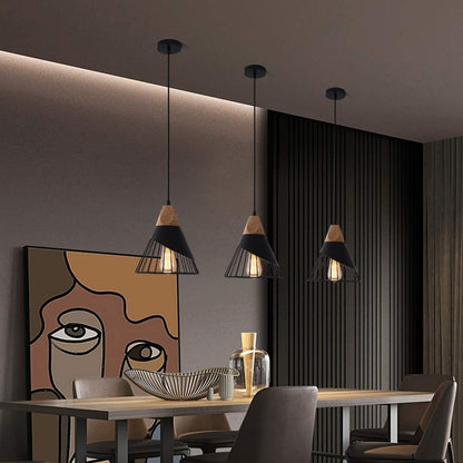 Modern Black Pendant Light | Adjustable Wood Hanging Fixture