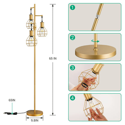 Industrial Standing Lamp for Living Room, 3 LED Edison Bulbs Included