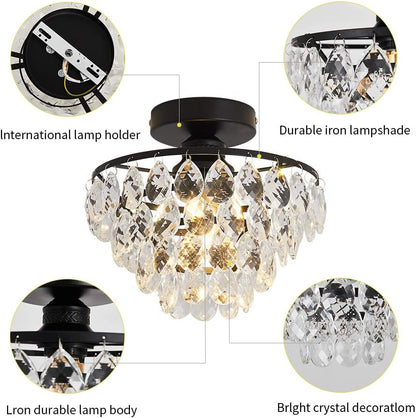 Modern Mini Crystal Ceiling Light | Black Semi Flush Mount | E26