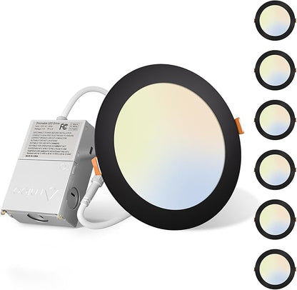 6 Pack Ultra-Thin LED Recessed Ceiling Lights - 5CCT, 12W, 1050LM