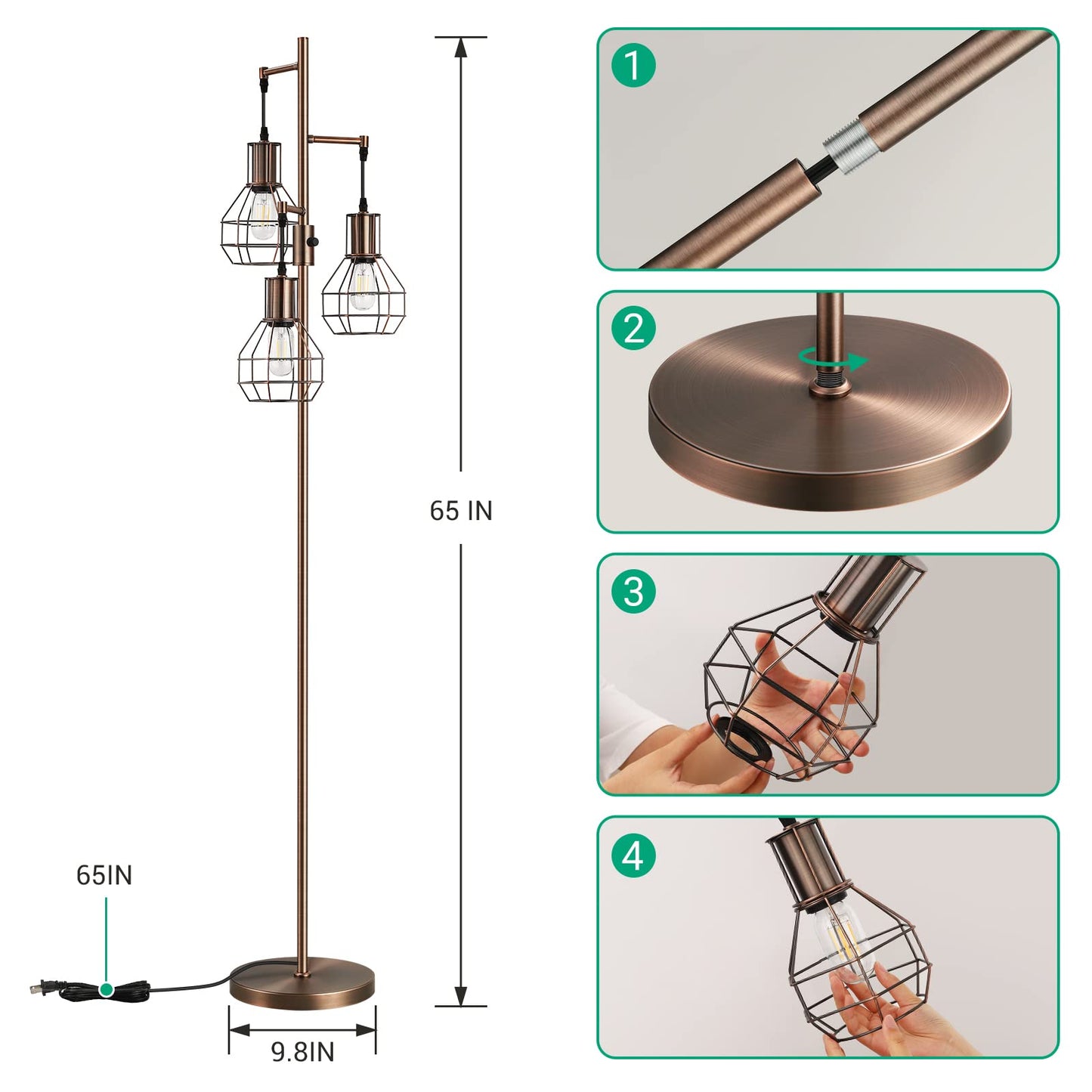 Industrial Standing Lamp for Living Room, 3 LED Edison Bulbs Included