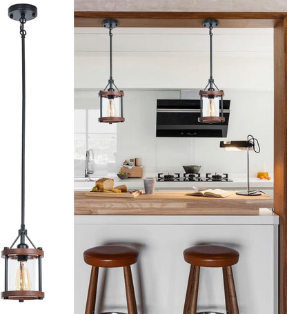 Farmhouse Pendant Light | Rustic Wood Metal Cage | Adjustable Height