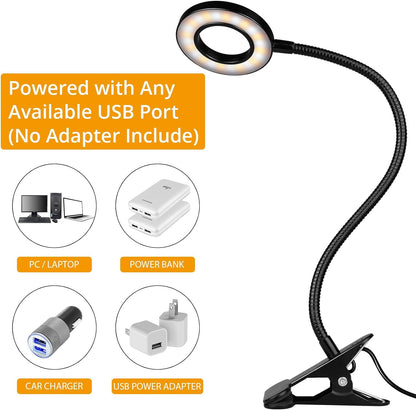 iVict Desk Lamp Clip on Light, 48 LEDs USB Clip Ring Light with 3 Color Modes 10 Dimmable Brightness, Eye Protection Desk Light, 360° Flexible Gooseneck for Desk Headboard Reading theluminousdecor