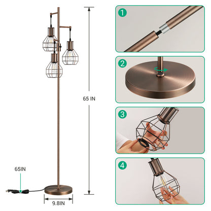 EDISHINE 65" Dimmable Industrial Floor Lamp with 3 LED Bulbs-HOFL03G