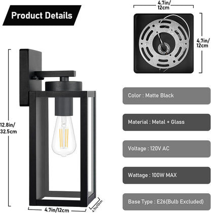 Porch Sconces Wall Mounted Lighting with E26 Sockets & Glass Shades, Matte Black