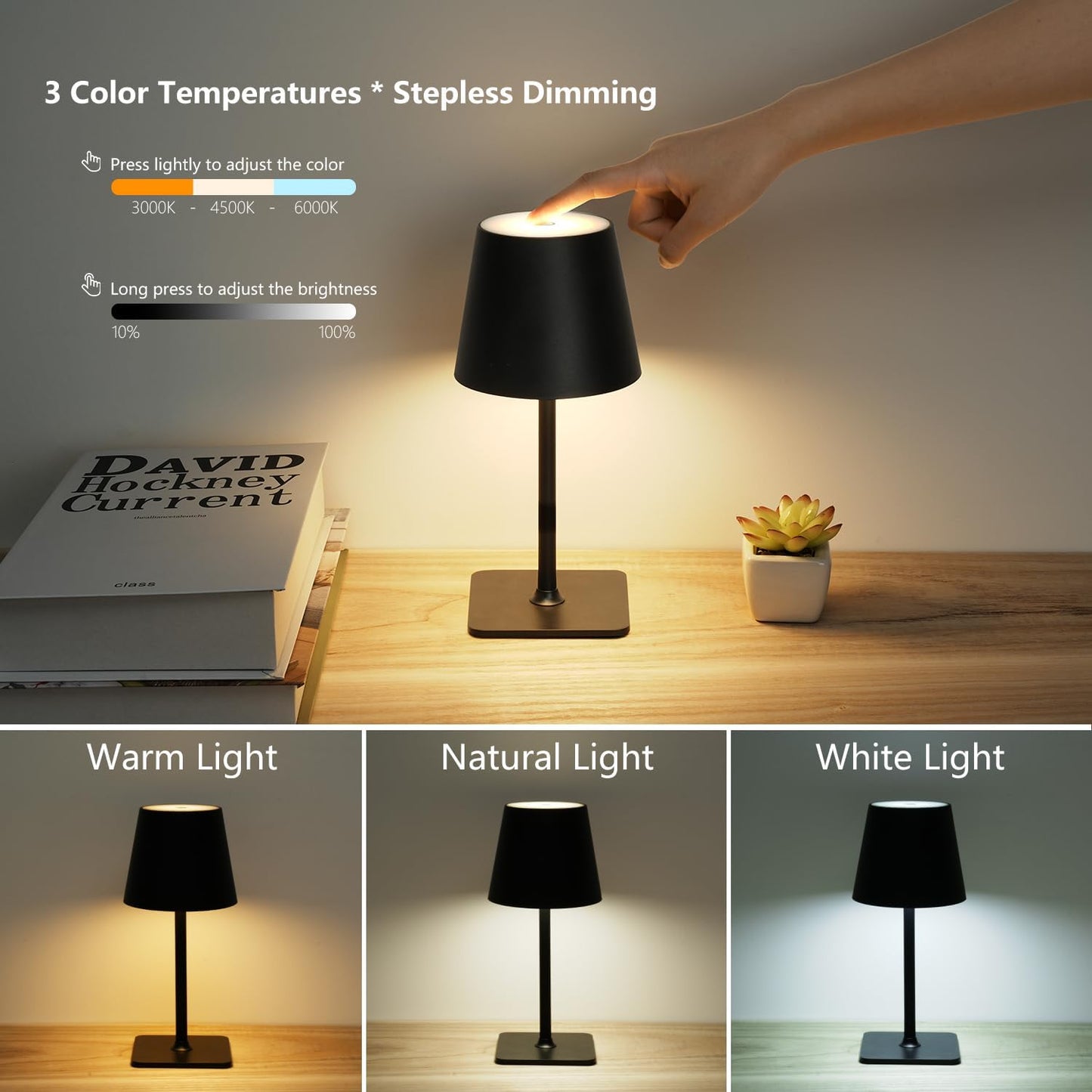 Cordless Table Lamp Rechargeable Lamps: 6000mAh Battery Operated Table Lamp Outdoor Waterproof, Touch Control, Portable Wireless Desk Lamp for Dinner/Bedroom/Restaurant(Black 2 Pack)