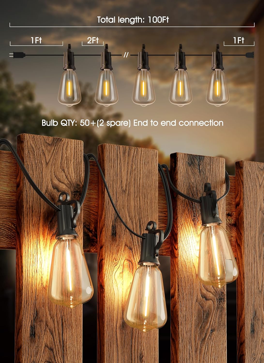 Outdoor String Lights LED 100FT Patio Lights with 52 Shatterproof ST38 Dimmable Vintage Edison Bulbs