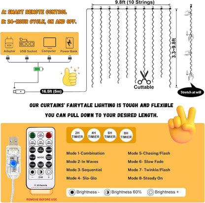 300LED Fairy Curtain Lights 9.8x9.8Ft | 8 Modes | USB Plug | Remote Control