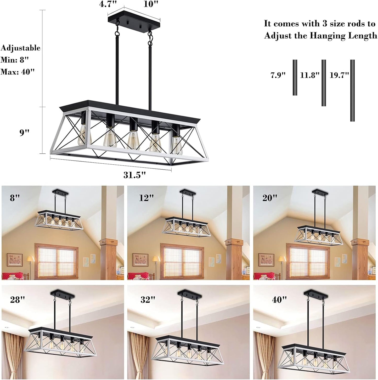 5-Light Farmhouse Pendant Light Fixture | Adjustable Height | Rustic