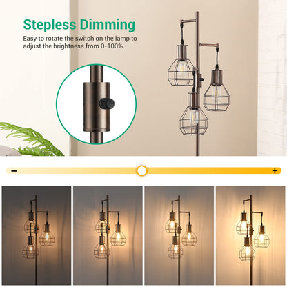 Industrial Standing Lamp for Living Room, 3 LED Edison Bulbs Included