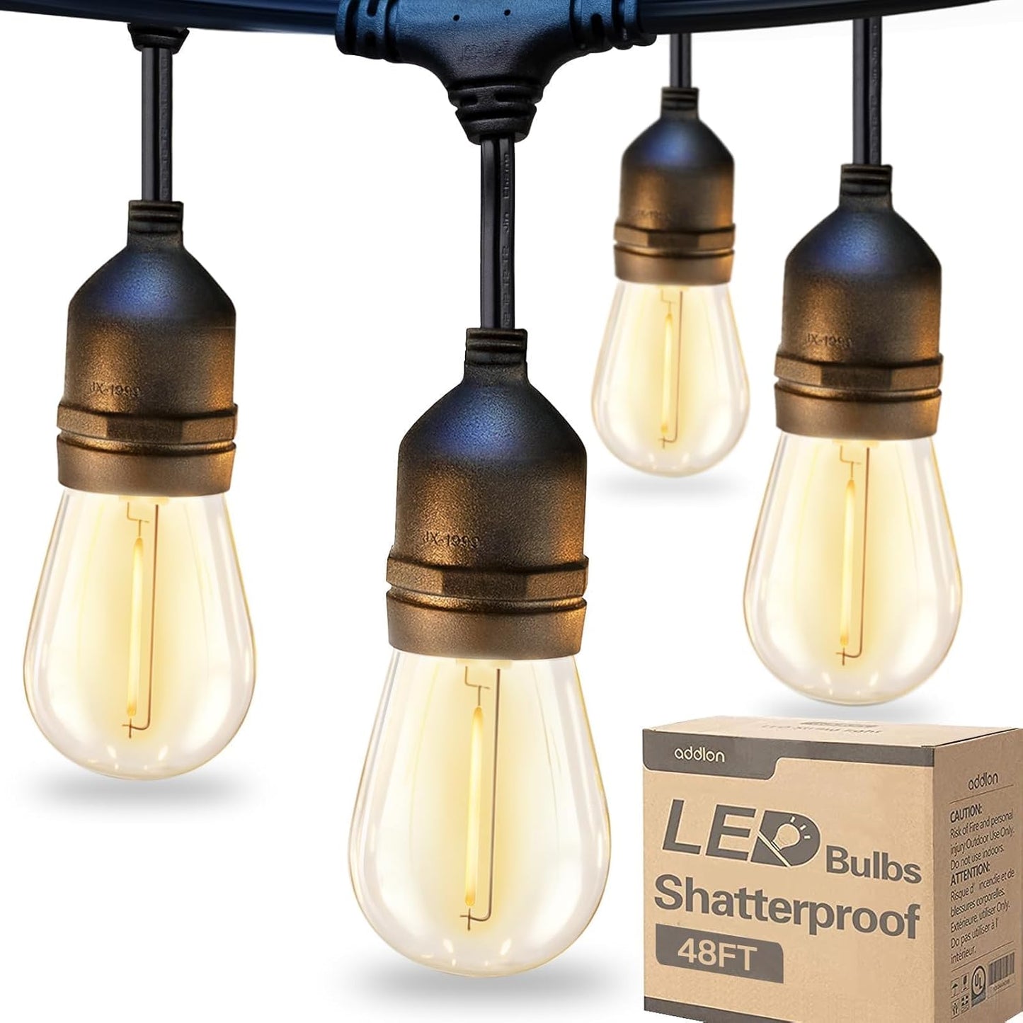 LED Outdoor String Lights 48FT | Vintage Shatterproof Bulbs | Weatherproof