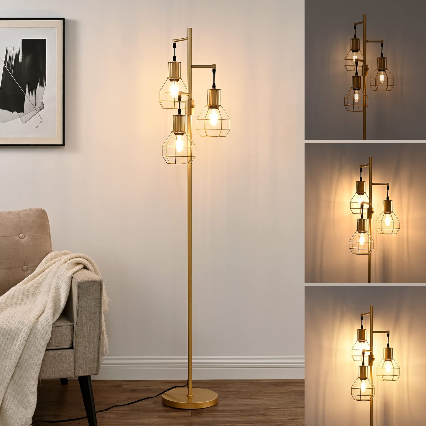 Industrial Standing Lamp for Living Room, 3 LED Edison Bulbs Included