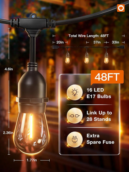 LED Outdoor String Lights 48FT | Vintage Shatterproof Bulbs | Weatherproof