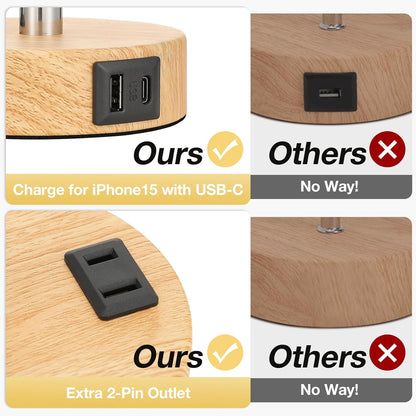 Bedside Table Lamp - 3 Way Dimmable Touch Lamp, USB C, AC Outlet