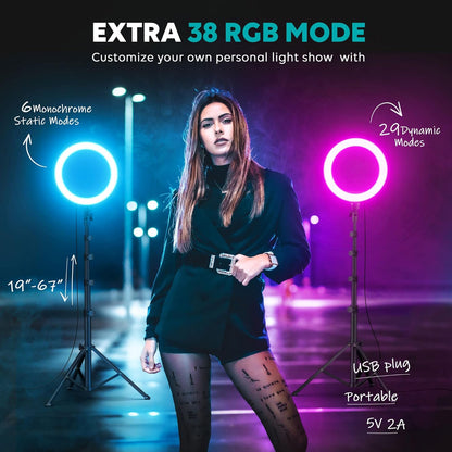 10" Selfie Ring Light with Tripod | 38 Color Modes | 72'' Tall