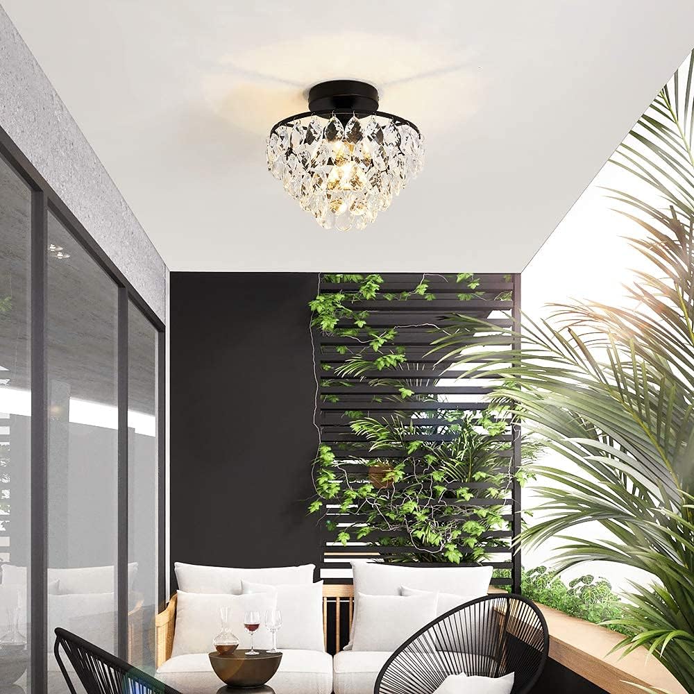 Modern Mini Crystal Ceiling Light | Black Semi Flush Mount | E26