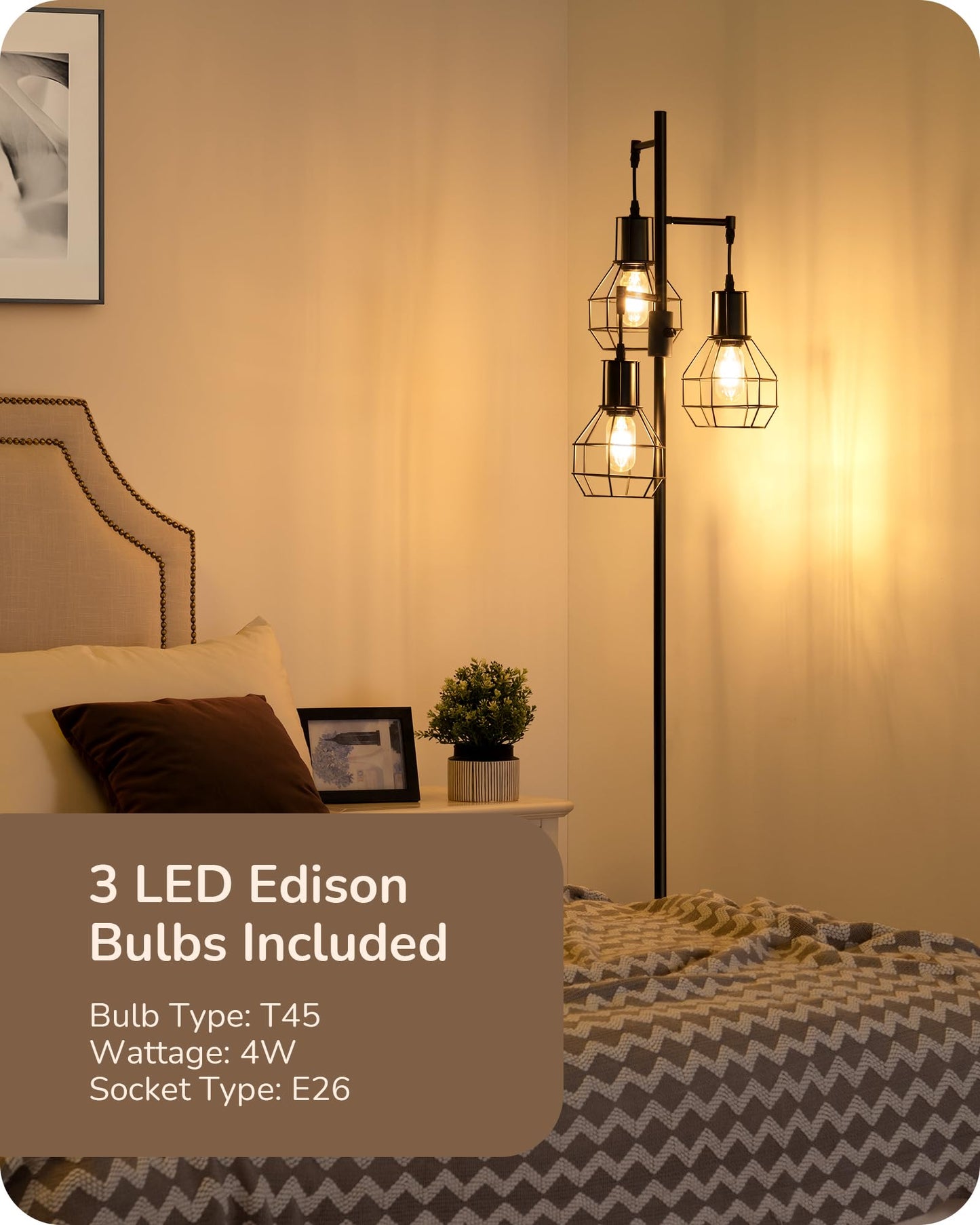 Industrial Standing Lamp for Living Room, 3 LED Edison Bulbs Included