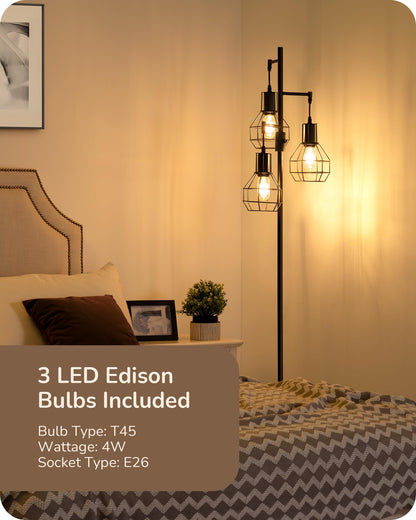 Industrial Standing Lamp for Living Room, 3 LED Edison Bulbs Included