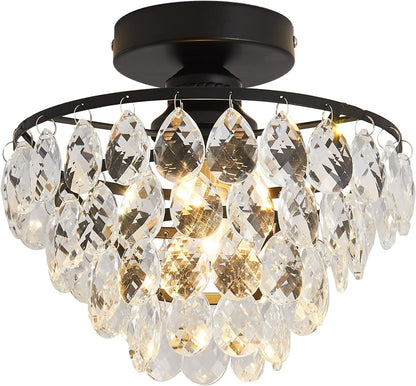 Modern Mini Crystal Ceiling Light | Black Semi Flush Mount | E26