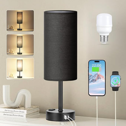 Bedside Table Lamp - 3 Way Dimmable Touch Lamp, USB Ports, AC Outlet