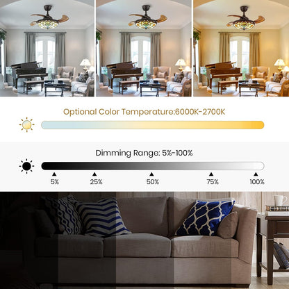 36" Tiffany Style Retractable Ceiling Fan with Light & Remote
