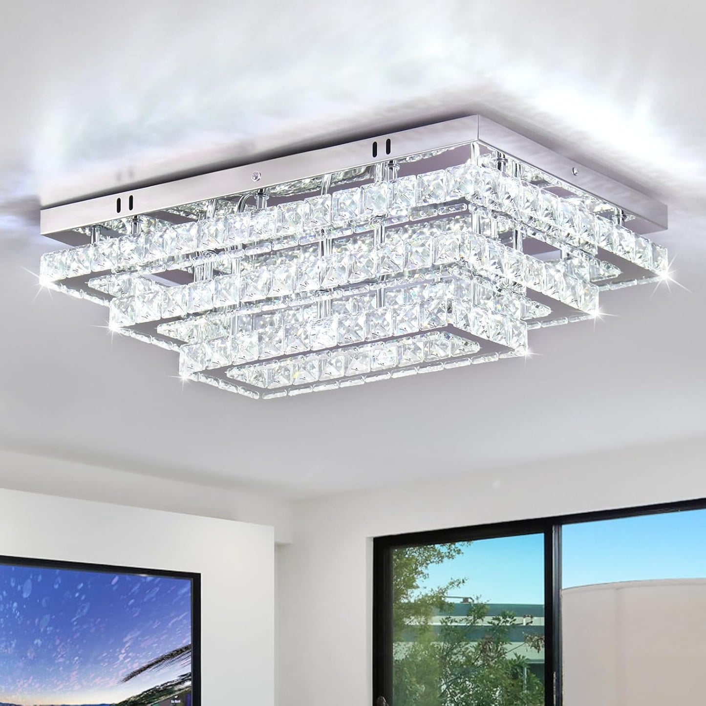 Modern Crystal LED Ceiling Light - 20" Flush Mount Chandelier
