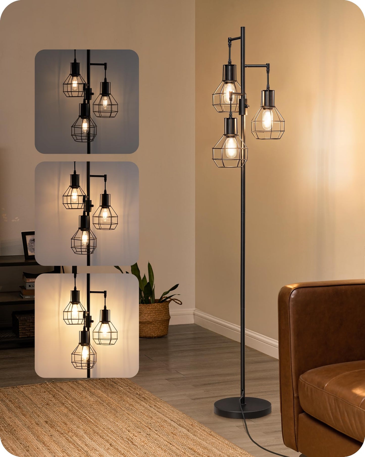 Industrial Standing Lamp for Living Room, 3 LED Edison Bulbs Included