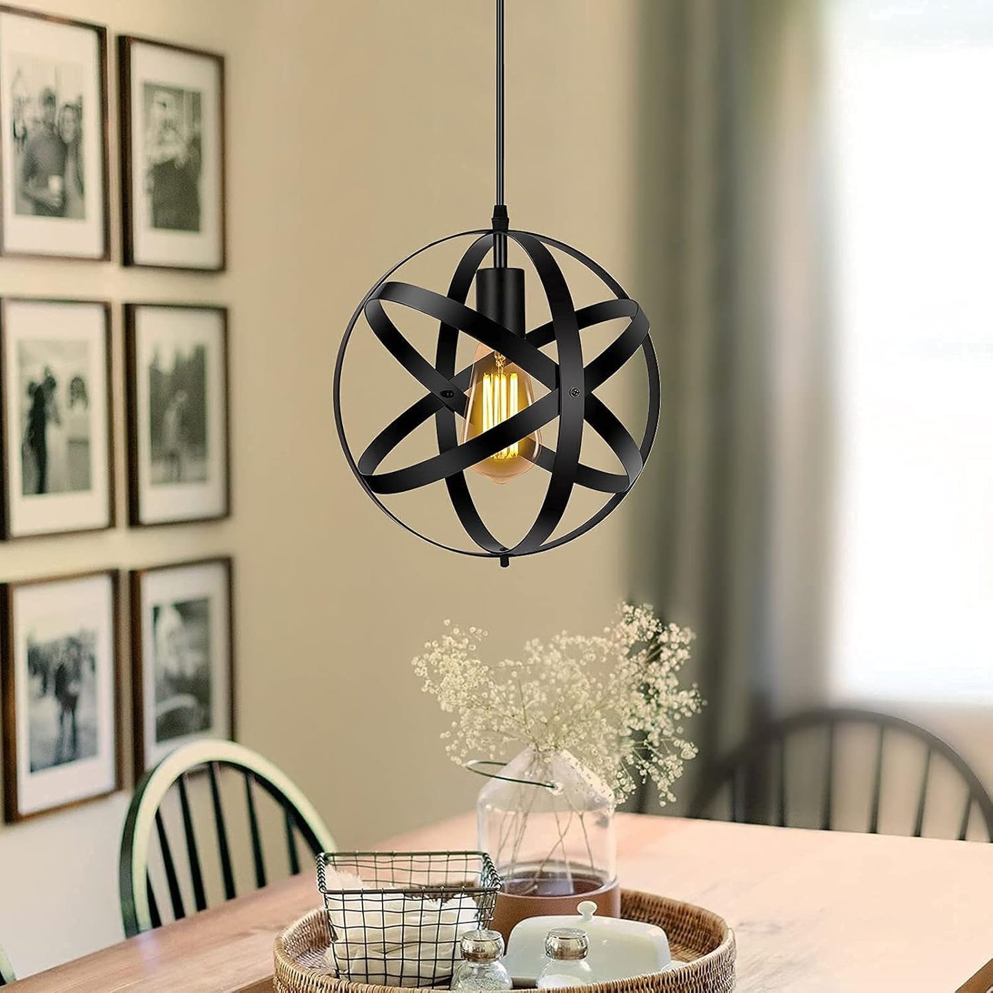 Industrial Black Pendant Light | Vintage Globe Design | Adjustable