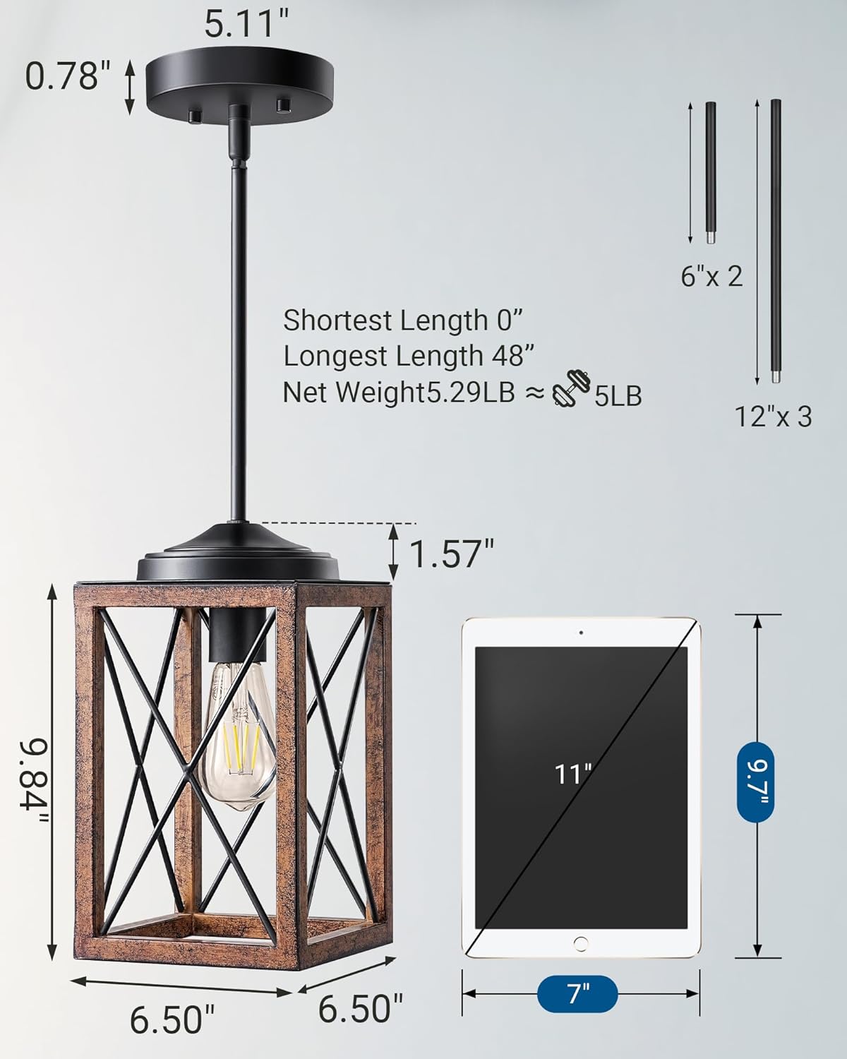 Metal Pendant Light | Wooden Grain Finish | Adjustable Height