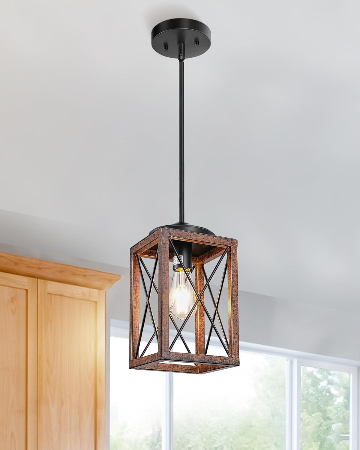 Metal Pendant Light | Wooden Grain Finish | Adjustable Height