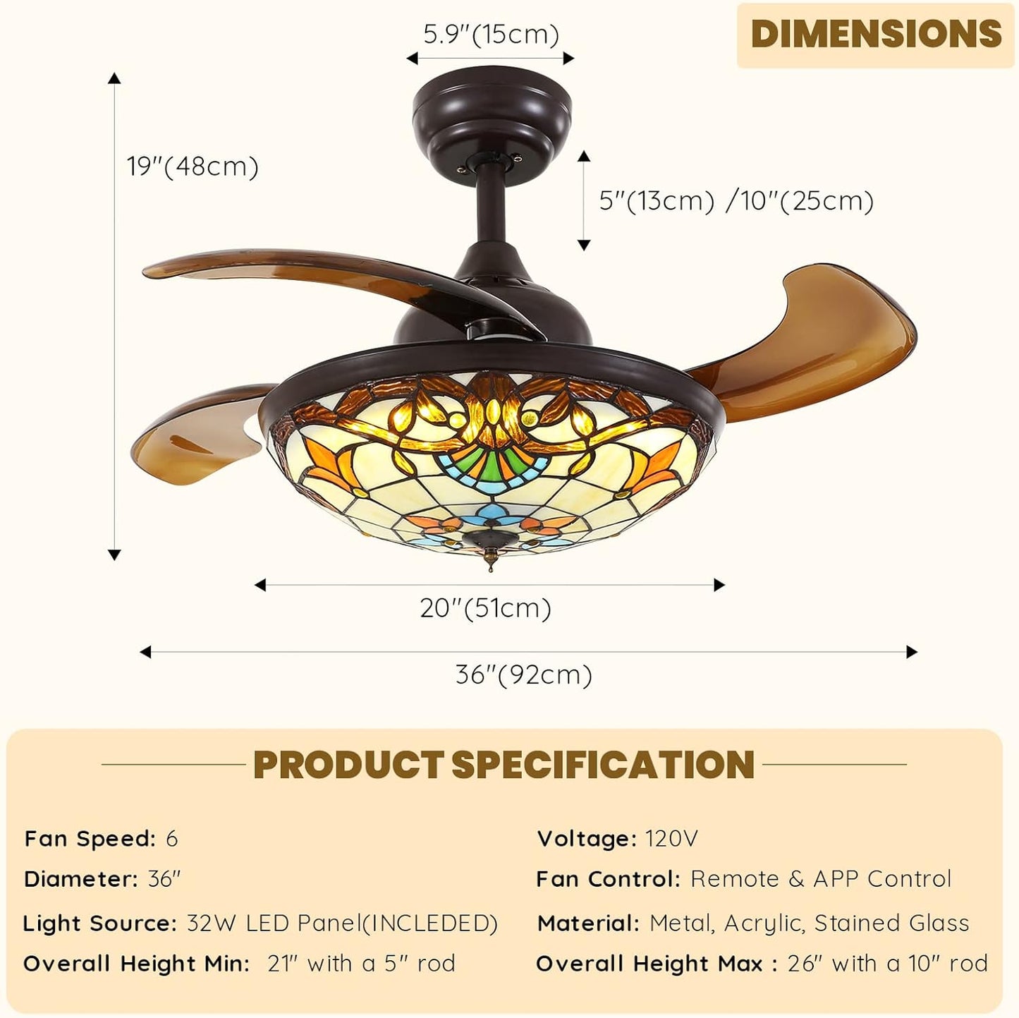 36" Tiffany Style Retractable Ceiling Fan with Light & Remote