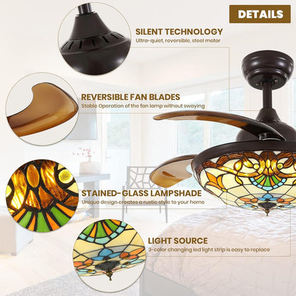 36" Tiffany Style Retractable Ceiling Fan with Light & Remote