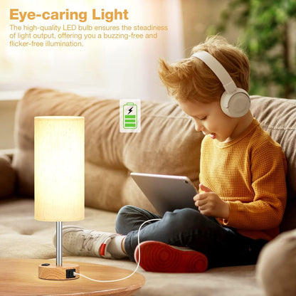 Bedside Table Lamp - 3 Way Dimmable Touch Lamp, USB C, AC Outlet