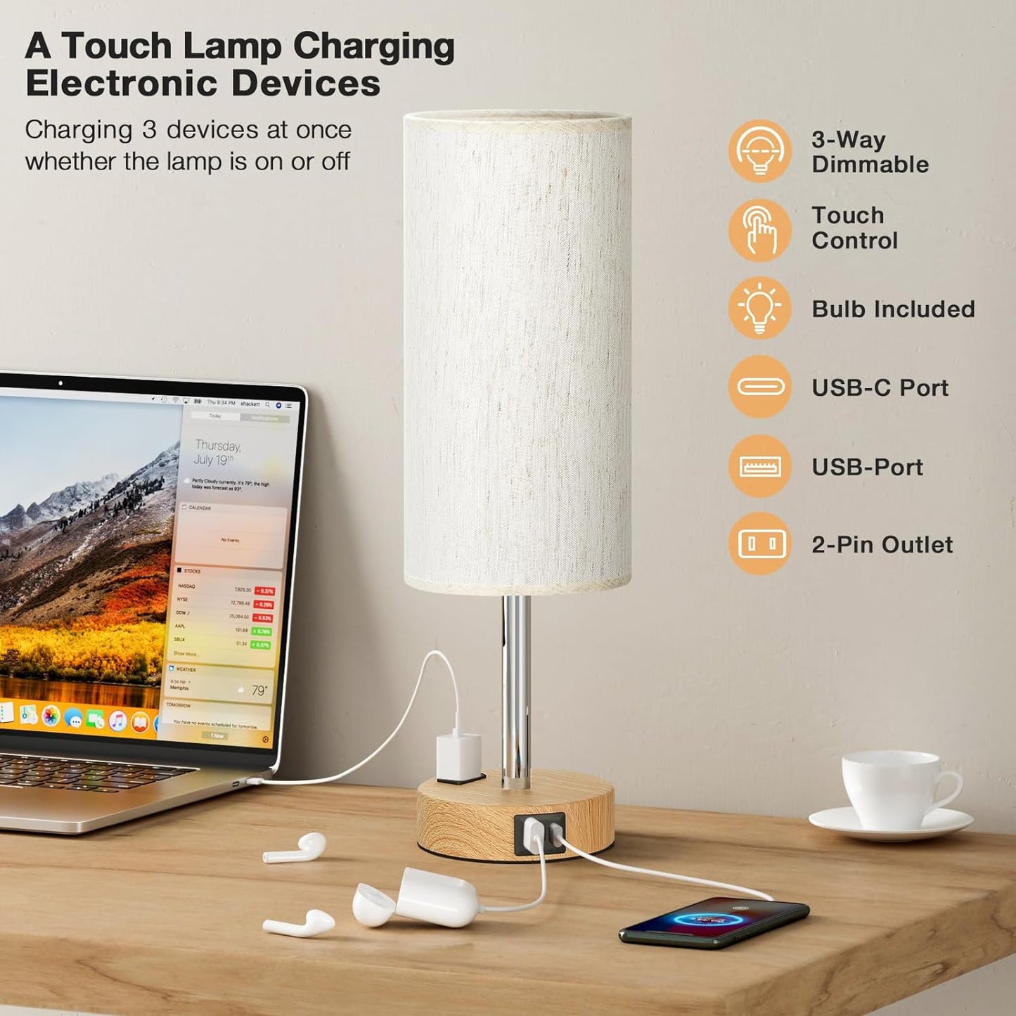 Bedside Table Lamp - 3 Way Dimmable Touch Lamp, USB Ports, AC Outlet