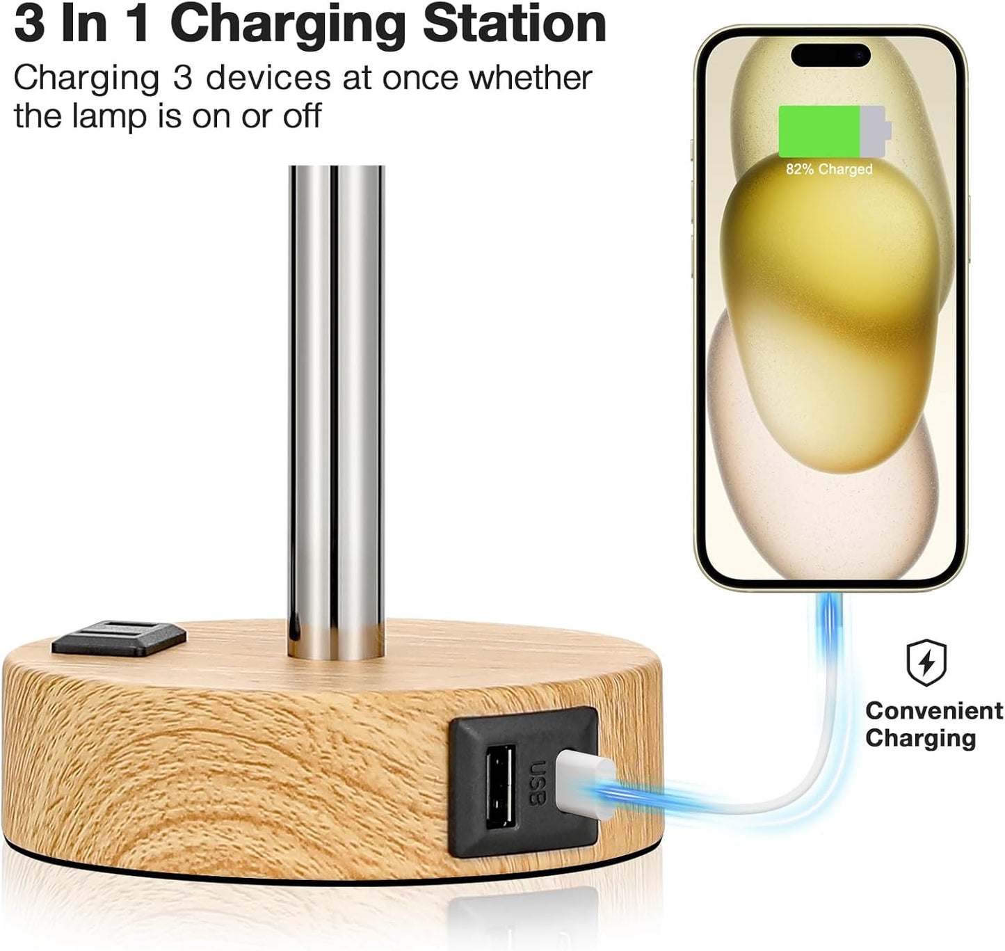 Bedside Table Lamp - 3 Way Dimmable Touch Lamp, USB C, AC Outlet
