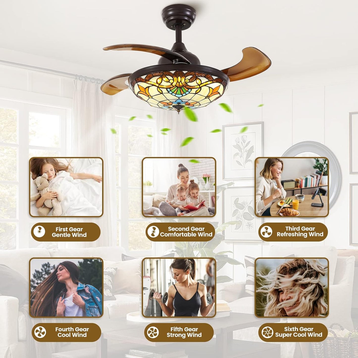 36" Tiffany Style Retractable Ceiling Fan with Light & Remote