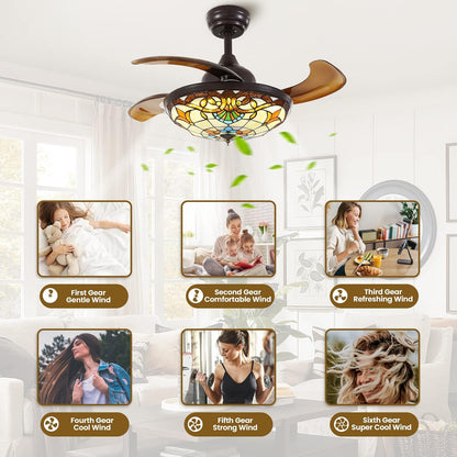 36" Tiffany Style Retractable Ceiling Fan with Light & Remote