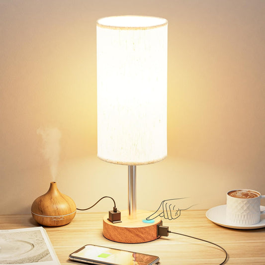 Bedside Table Lamp - 3 Way Dimmable Touch Lamp, USB Ports, AC Outlet