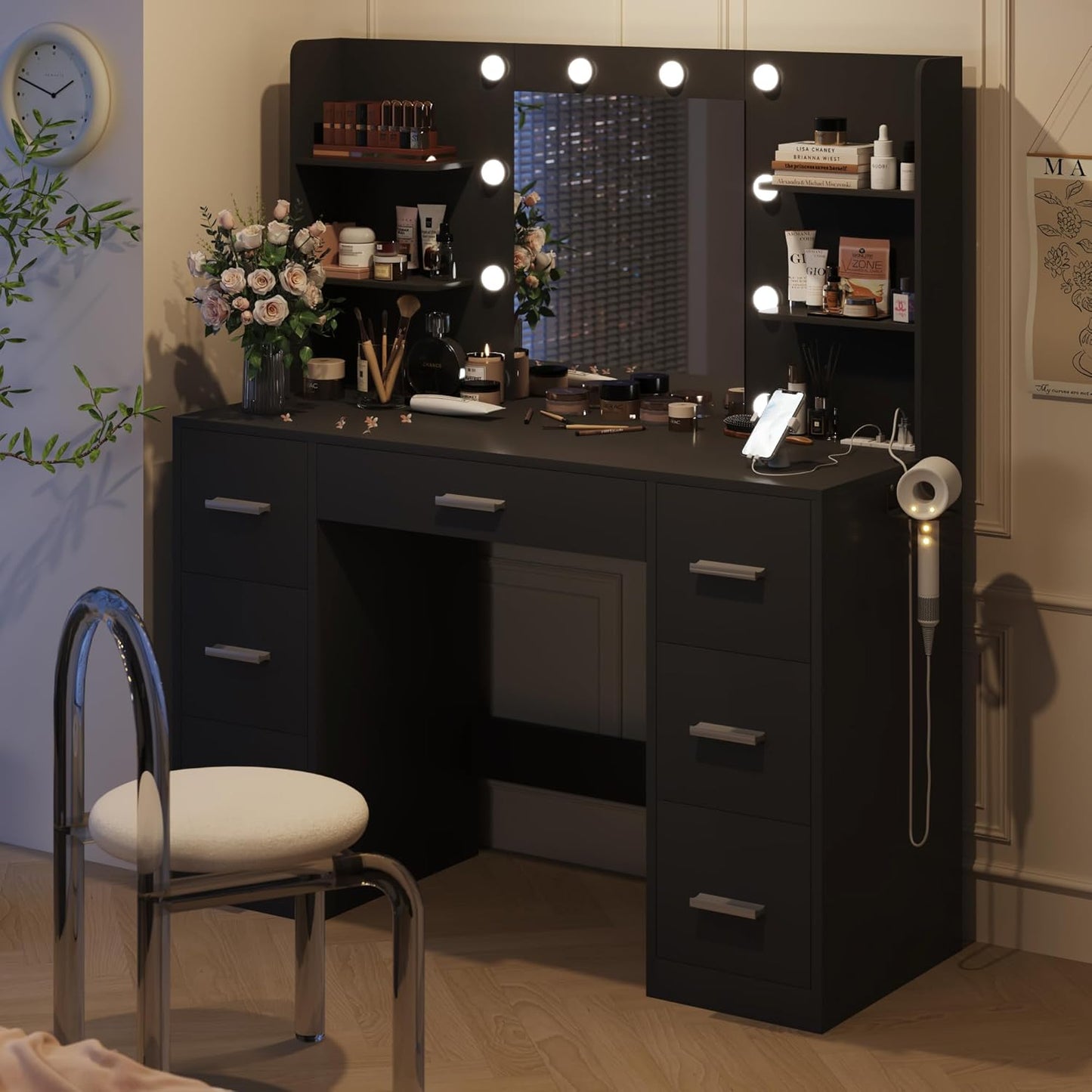 Vanity Desk with Mirror, Power Outlet and 10 Lights, Pure Black