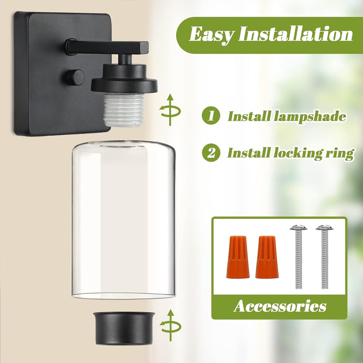 Set of 2 Farmhouse Wall Lights with Clear Glass Shade for Bedroom, Matte Black