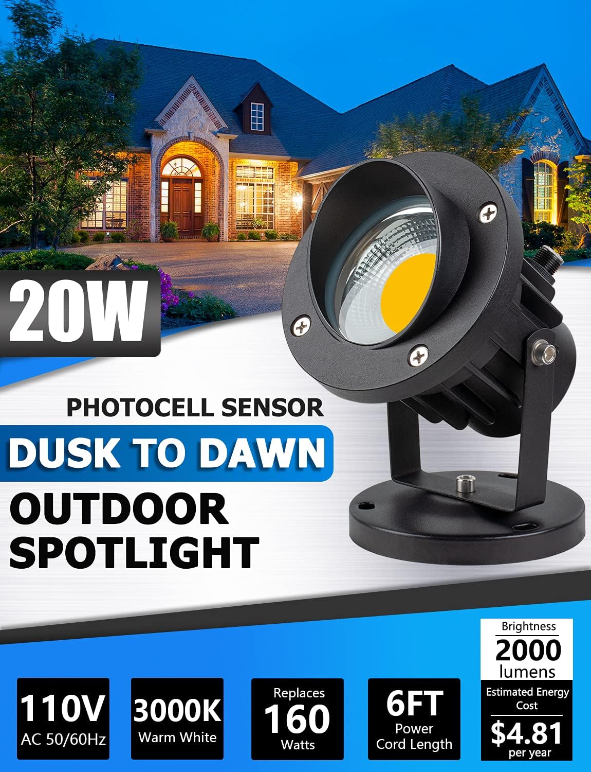 20W Outdoor LED Spot Lights - Dusk to Dawn, Waterproof, 2 Pack