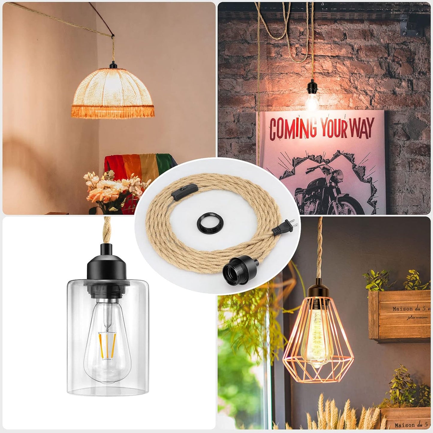 Plug-in Pendant Light Cord | 15FT Hemp Rope | E26/E27 Socket