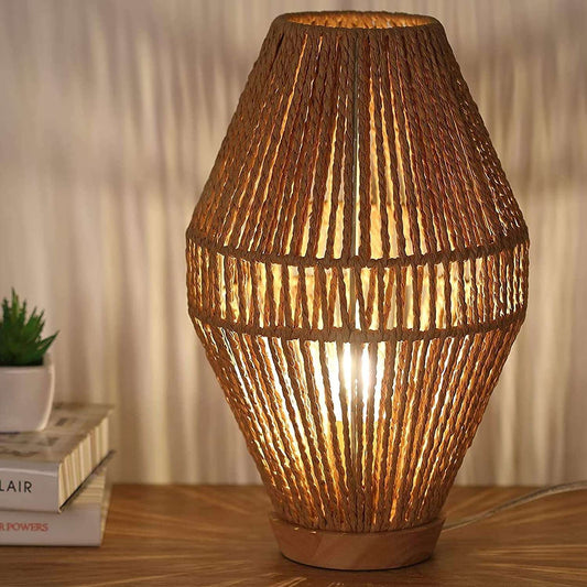 Boho Table Lamps for Bedroom,Small Natural Woven Bedside Lamp Paper String Nightstand Lamp Boho Couch Side Table Lamp Basket Lantern Good for Living Room Kids Room Nursery Room Cafe Bar Decor.