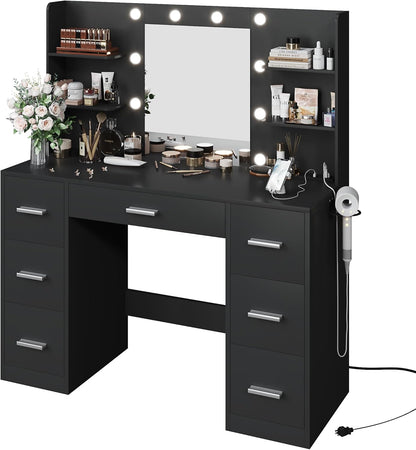 Vanity Desk with Mirror, Power Outlet and 10 Lights, Pure Black