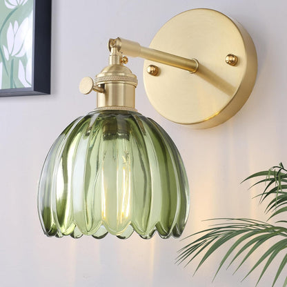 Vintage  Green Tulip Glass Lampshade Wall Sconces, Brass