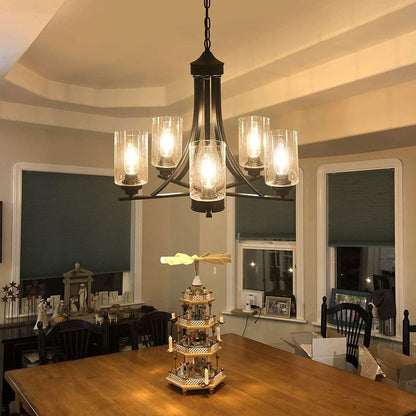 Black 5-Lights Glass Chandelier,Rustic Metal Pendant Lighting,Ceiling Light Fixtures Hanging for Farmhouse Kitchen Living Room Foyer Dining Room.