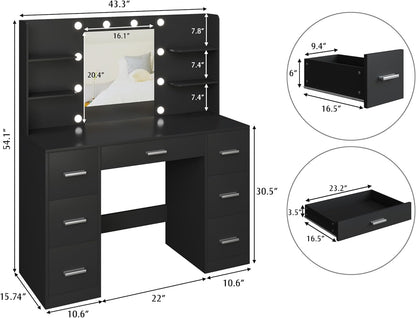 Vanity Desk with Mirror, Power Outlet and 10 Lights, Pure Black