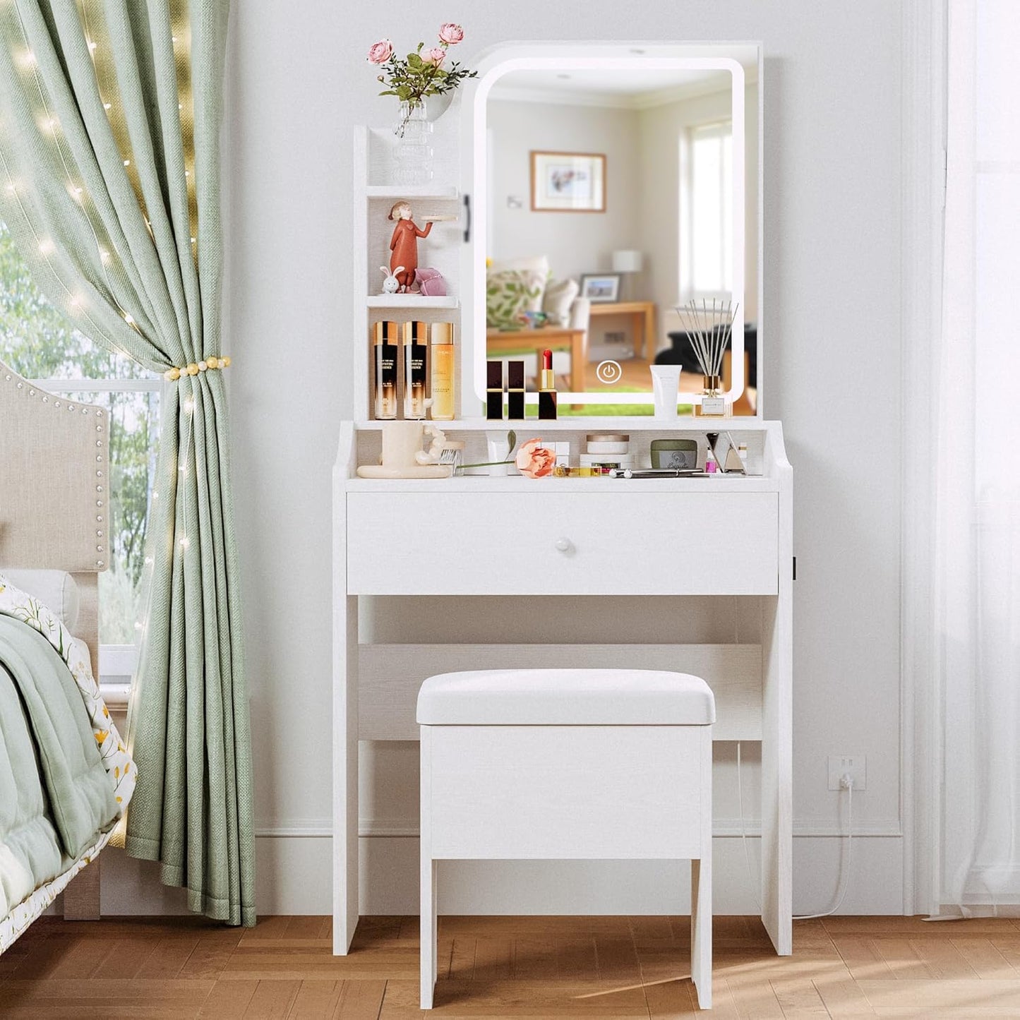 Vanity Table Set with Storage Drawer, Chair and Three Shelves, Bedroom, White