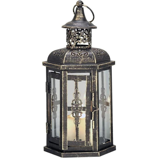 Decorative Lanterns-10Inch High Vintage Style Hanging Lantern, Metal Candleholder for Indoor Outdoor, Events, Parities and Weddings(Black with Gold Brush) My Store