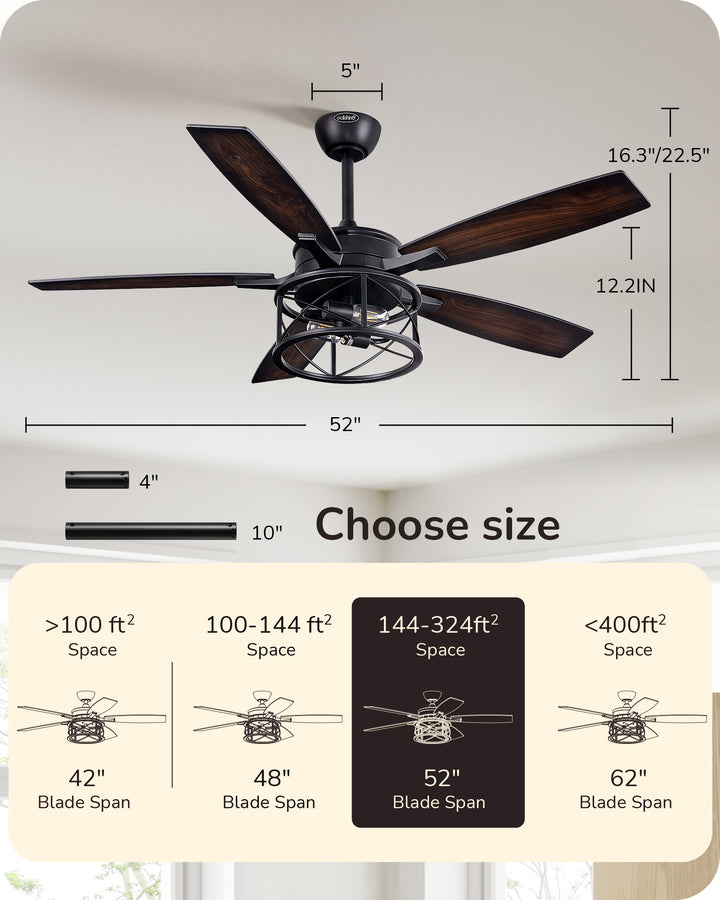 EDISHINE 52 Inch Ceiling Fan with Light and Remote-HCFR01A